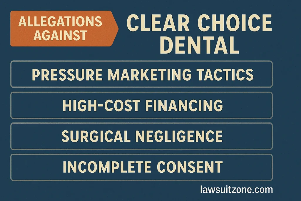 Infographic highlighting allegations against Clear Choice Dental including pressure marketing, high-cost financing, surgical negligence, and incomplete consent, branded lawsuitzone.com.