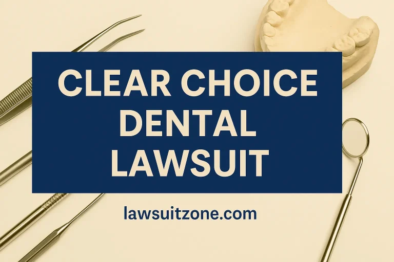 Feature graphic with dental tools and plaster teeth mold, text “Clear Choice Dental Lawsuit” and branding lawsuitzone.com.