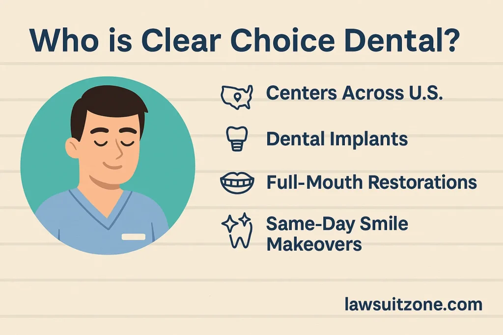 Infographic showing who Clear Choice Dental is, with dentist illustration and list of services, branded lawsuitzone.com.