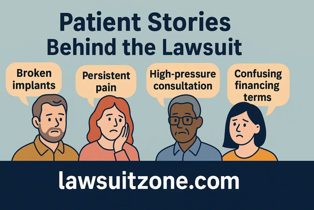 Visual showing patient concerns and stories behind the Clear Choice Dental lawsuit, branded lawsuitzone.com.