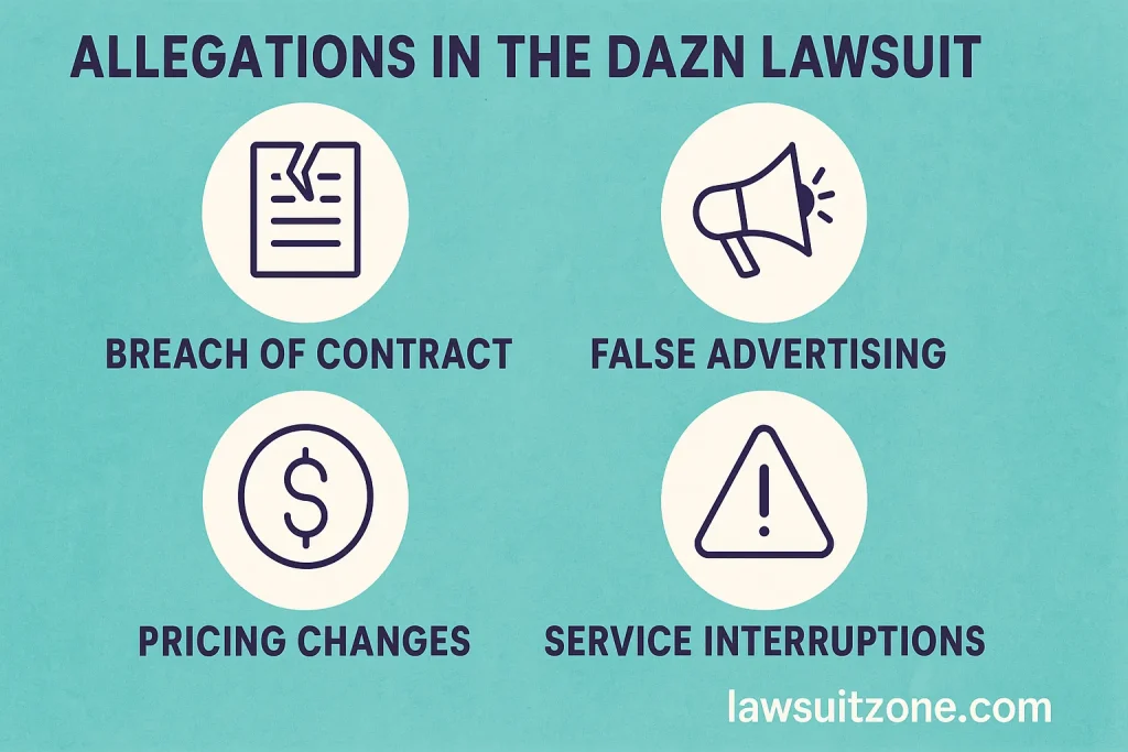 Infographic highlighting allegations in the DAZN lawsuit including breach of contract, false advertising, pricing changes, and service interruptions, branded lawsuitzone.com.