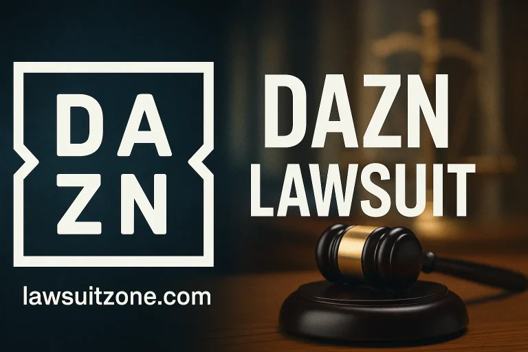 Feature graphic showing DAZN logo with a gavel and courtroom background, text “DAZN Lawsuit” and branding lawsuitzone.com.