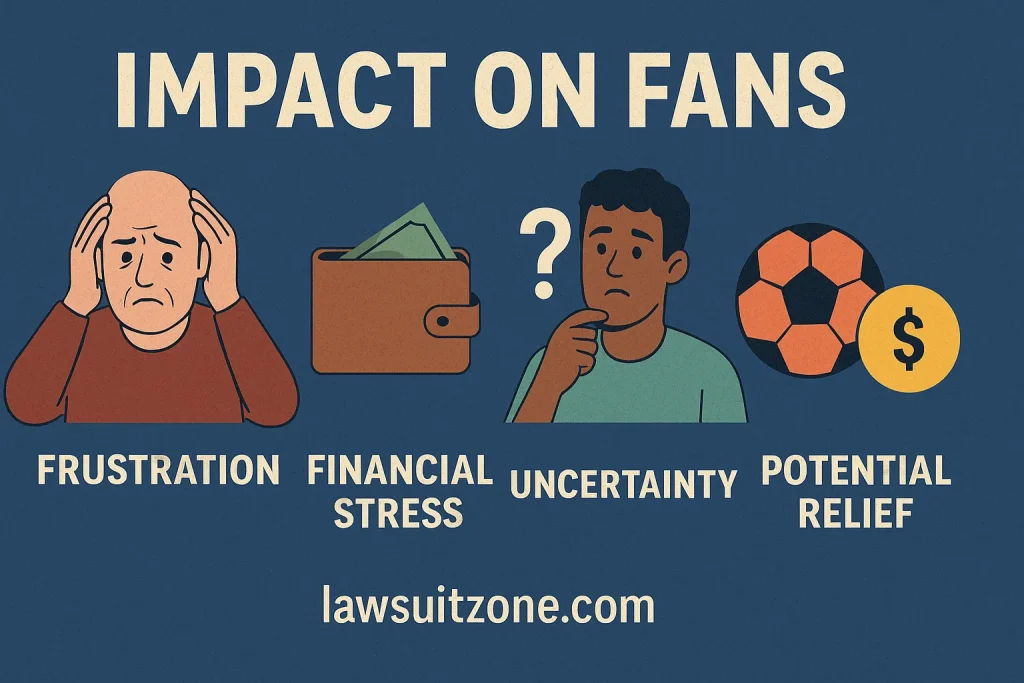 Infographic showing the impact of the DAZN lawsuit on fans, highlighting frustration, financial stress, uncertainty, and potential relief, branded lawsuitzone.com.