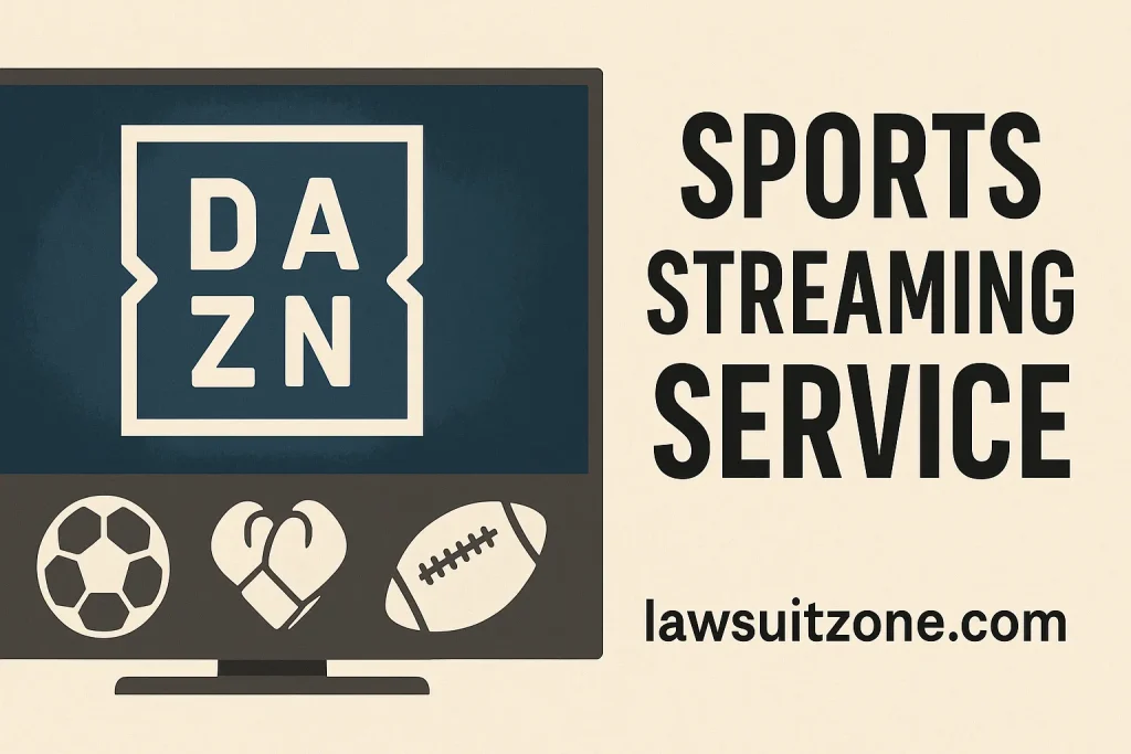 Infographic showing DAZN sports streaming concept with icons of boxing, soccer, and MMA on screens, branded lawsuitzone.com.