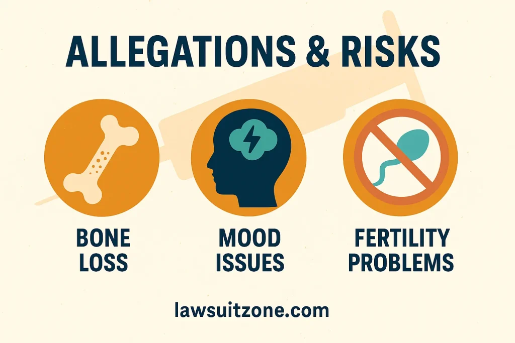 Infographic highlighting risks in the Depo Provera class action lawsuit including bone loss, mood issues, and fertility problems, with lawsuitzone.com branding.