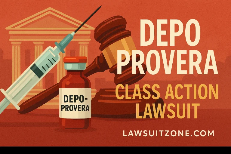 Illustration showing Depo Provera injection, a gavel, and courthouse background, symbolizing the class action lawsuit, branded with lawsuitzone.com.