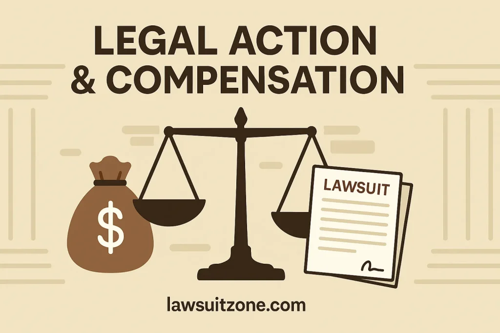 nfographic showing scales of justice with a money bag and lawsuit documents, symbolizing Depo Provera lawsuit legal action and compensation, branded lawsuitzone.com.
