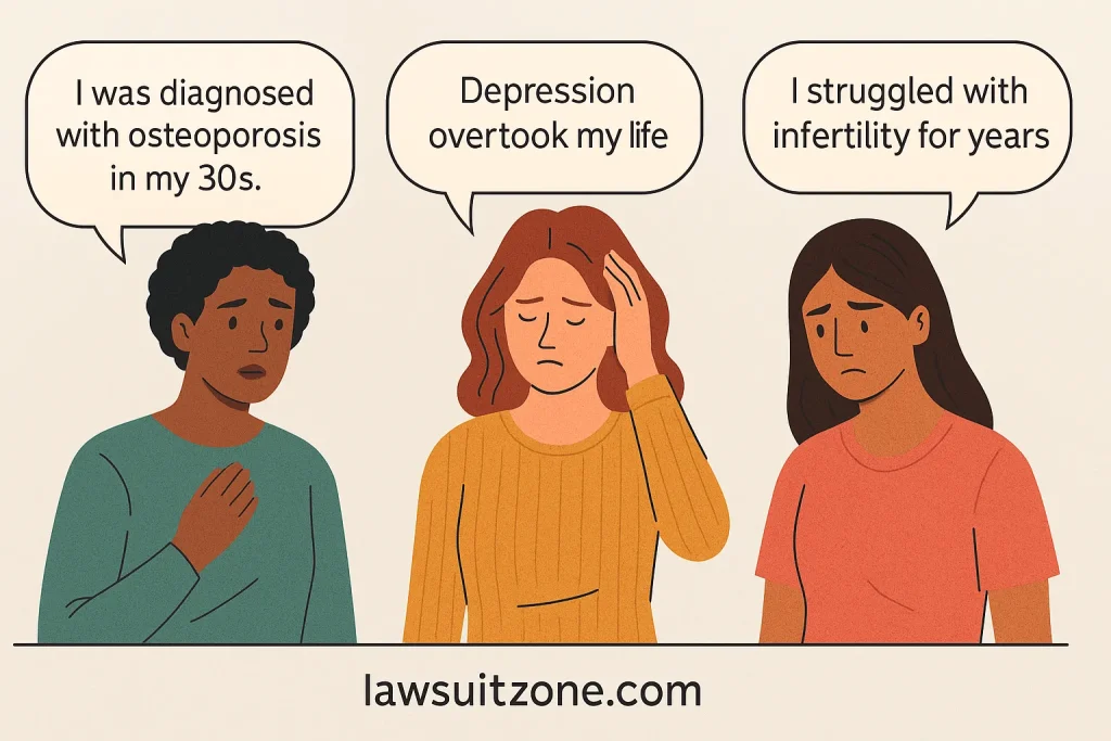 Illustration of diverse women sharing patient stories in the Depo Provera lawsuit, with speech bubbles about osteoporosis, depression, and infertility, branded lawsuitzone.com.