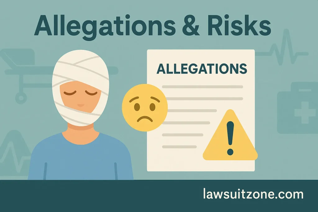 Infographic highlighting allegations and patient safety risks in the Dr. Kevin Sadati lawsuit, featuring icons of an unhappy patient with a bandaged face, a warning sign, and legal papers labeled “Allegations,” branded lawsuitzone.com.