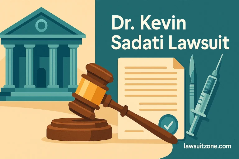 Flat-style illustration showing a courthouse, judge’s gavel, cosmetic surgery tools, and legal documents, symbolizing the Dr. Kevin Sadati lawsuit, with branding lawsuitzone.com.
