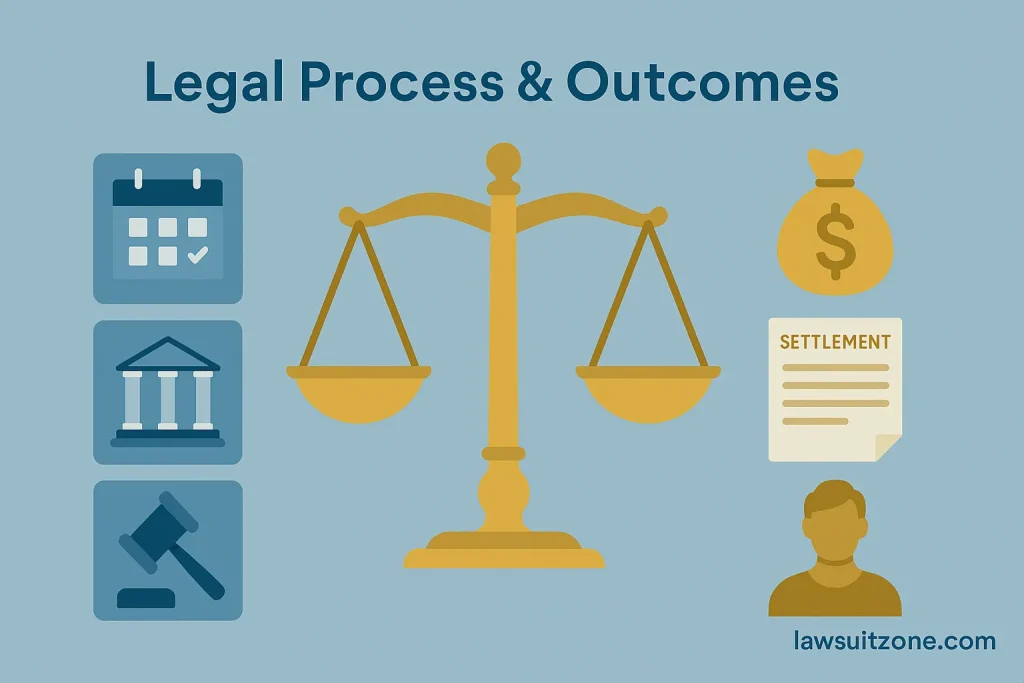 Flat-style infographic showing the legal process and possible outcomes of the Dr. Kevin Sadati lawsuit, with scales of justice in the center, timeline icons on the left (calendar, courthouse, gavel), and outcomes icons on the right (money bag, settlement papers, reputation impact), branded lawsuitzone.com.