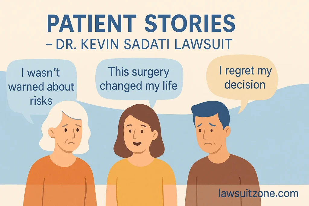 illustration showing diverse patients of different ages and genders sharing experiences about the Dr. Kevin Sadati lawsuit, with speech bubbles expressing regret, lack of warnings, and life-changing outcomes, branded lawsuitzone.com.