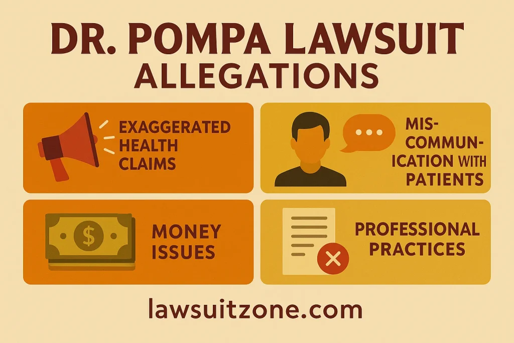 Infographic titled “Dr. Pompa Lawsuit Allegations” highlighting exaggerated health claims, miscommunication with patients, money issues, and professional practice concerns, branded lawsuitzone.com.