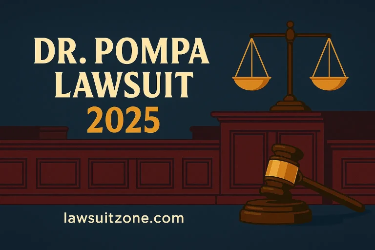 Feature image for Dr. Pompa lawsuit 2025 showing courtroom setting, scales of justice, gavel, and branding lawsuitzone.com.
