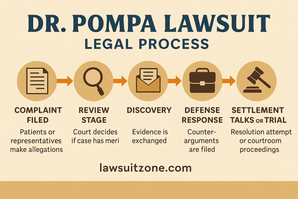 Infographic titled “Dr. Pompa Lawsuit Legal Process” showing steps from complaint filed, review stage, discovery, defense response, and settlement or trial, branded lawsuitzone.com.
