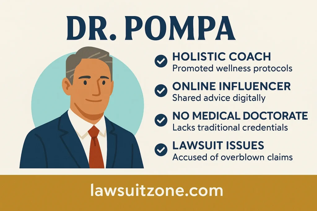 Infographic overview of Dr. Pompa highlighting his role as a holistic coach, online influencer, lack of medical doctorate, and lawsuit controversies, branded lawsuitzone.com.