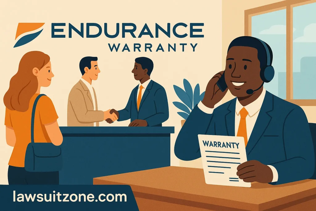 Illustration of Endurance Warranty office with staff assisting clients and handling warranty documents, branded lawsuitzone.com.