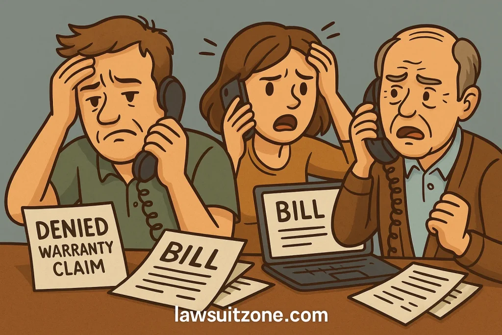 Cartoon-style illustration of frustrated consumers on phone with Endurance Warranty, surrounded by denied claim papers and bills, branded lawsuitzone.com.