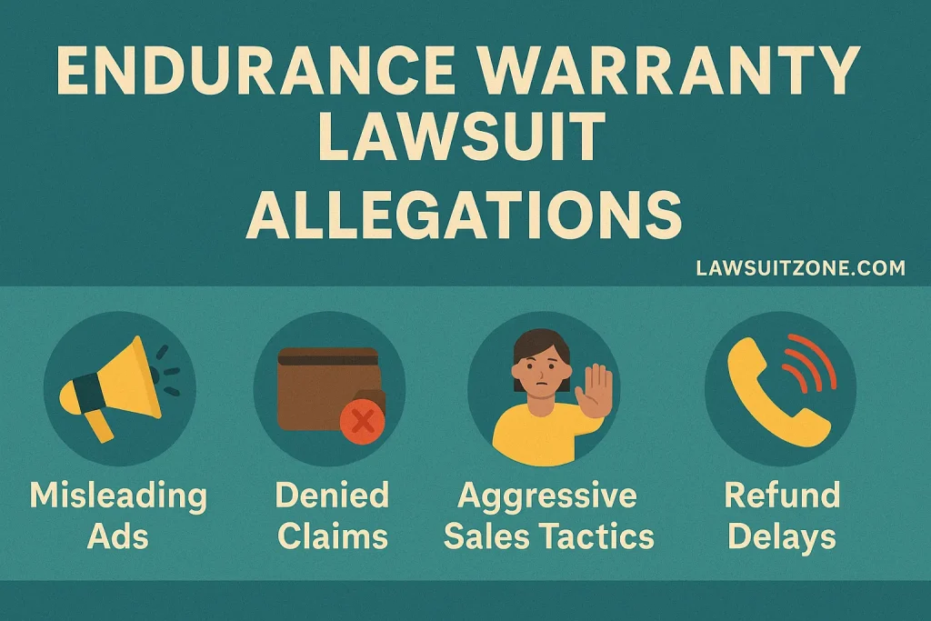 Infographic showing allegations against Endurance Warranty: misleading ads, denied claims, aggressive sales tactics, and refund delays, branded lawsuitzone.com.