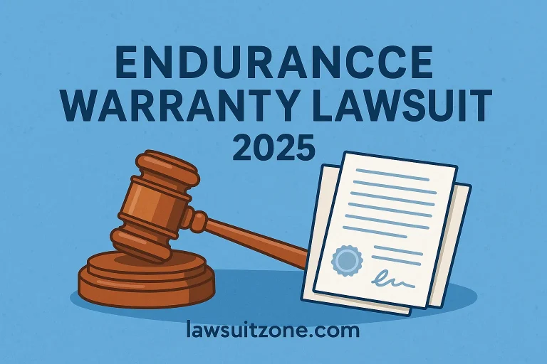 Flat design illustration with judge’s gavel, legal papers, and bold text “Endurance Warranty Lawsuit 2025,” branded lawsuitzone.com.