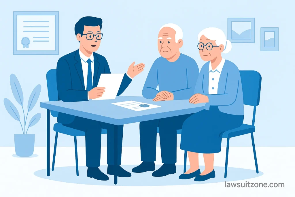 Illustration of a financial advisor meeting with elderly clients to discuss retirement planning. Branded with lawsuitzone.com.