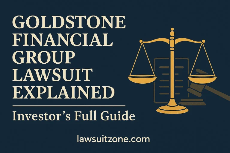 Feature graphic with scales of justice and gavel symbolizing Goldstone Financial Group Lawsuit. Includes branding lawsuitzone.com.