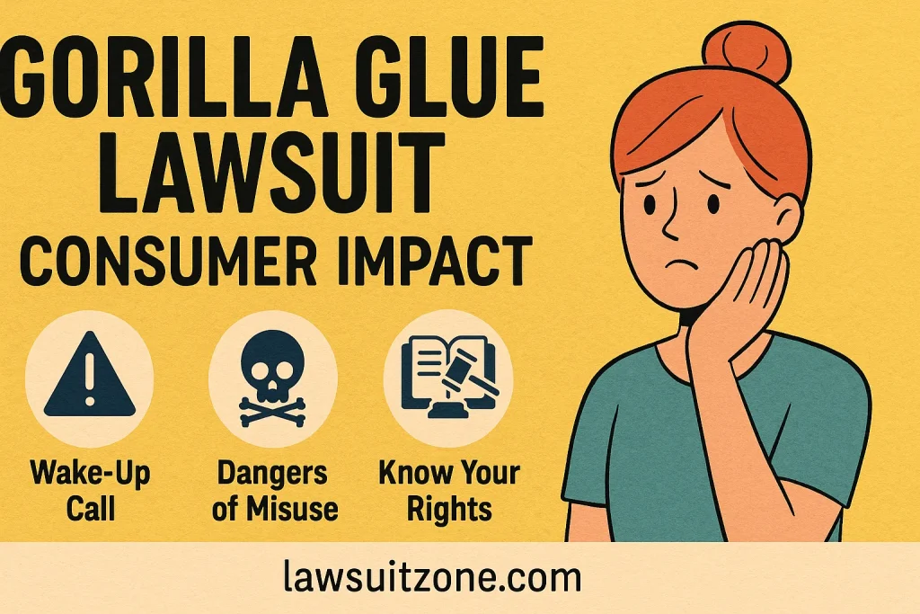 Infographic illustrating the consumer impact of the Gorilla Glue lawsuit, with icons for wake-up call, dangers of misuse, and know your rights, branded lawsuitzone.com.