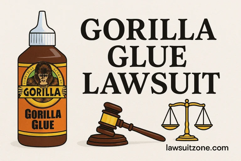 Feature graphic showing Gorilla Glue bottle with gavel and justice scales, text “Gorilla Glue Lawsuit” and branding lawsuitzone.com.