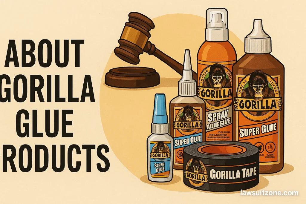 Infographic displaying Gorilla Glue products like super glue, tape, and adhesive, with branding lawsuitzone.com.
