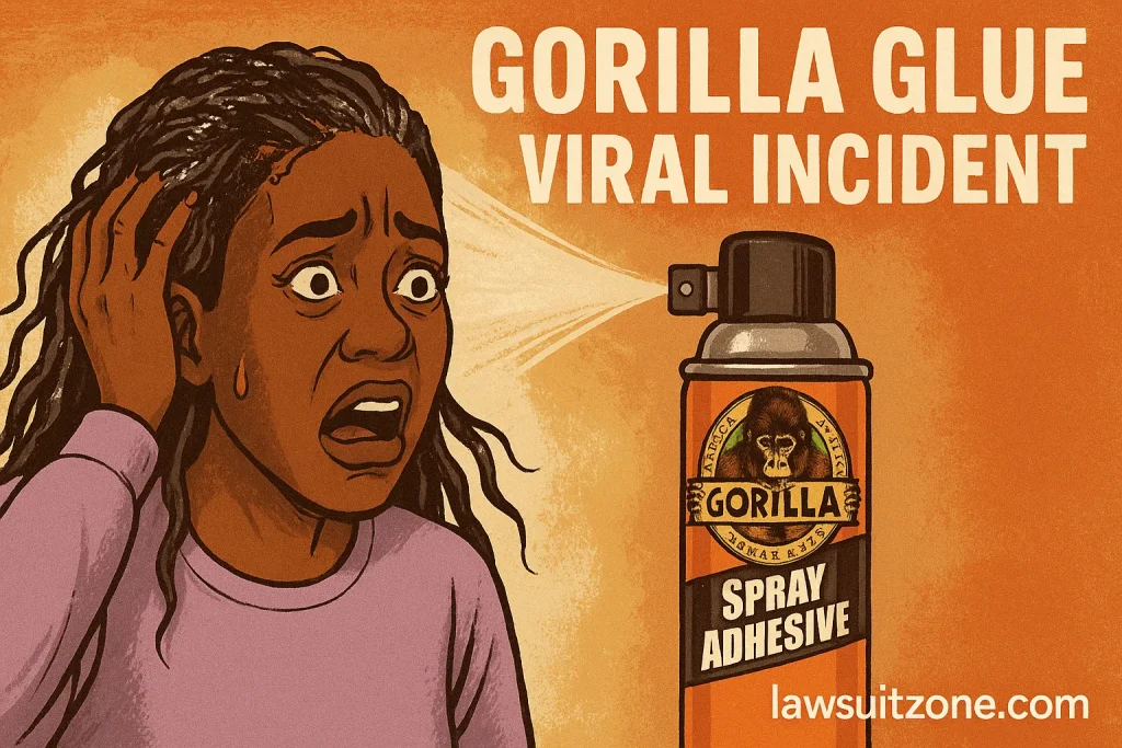Illustration of the Gorilla Glue viral incident showing a distressed woman with glued hair and a Gorilla Spray Adhesive can, branded lawsuitzone.com.