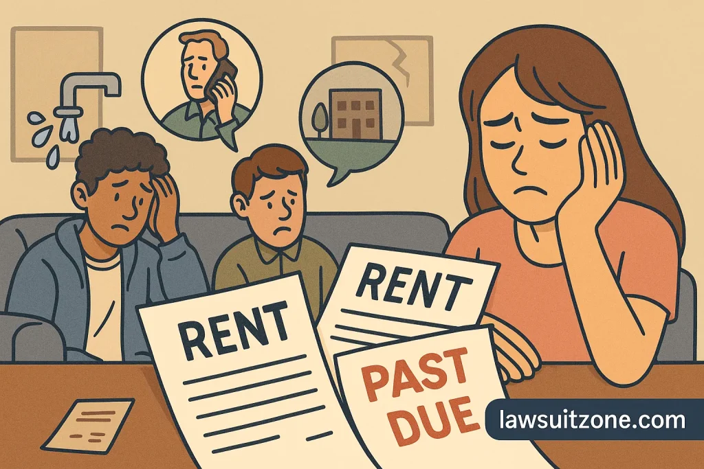 Cartoon-style illustration of tenants looking frustrated at home, surrounded by rent bills, repair issues, and phone calls with management, branded lawsuitzone.com.