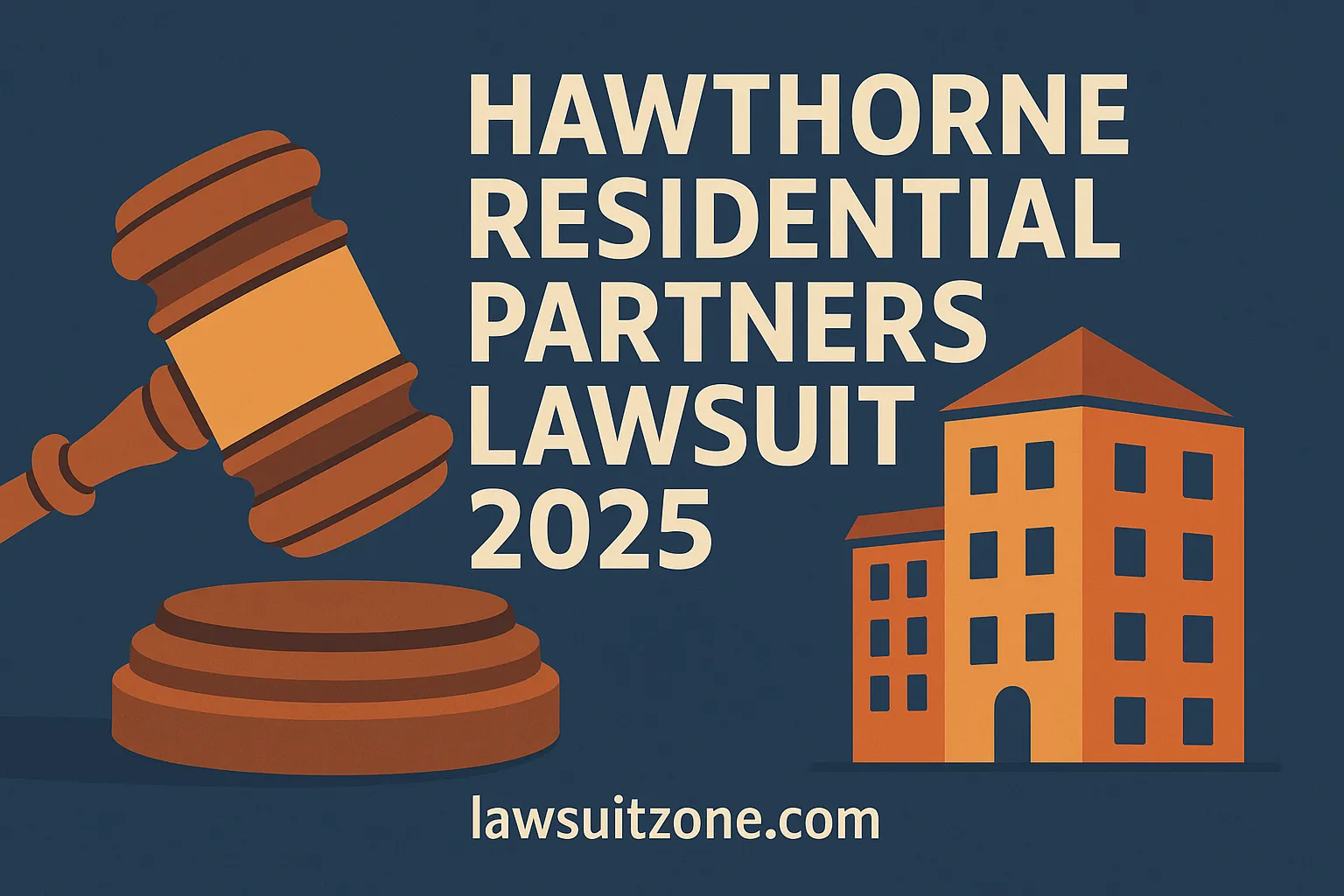 lat-style illustration with a judge’s gavel and an apartment building, headline text “Hawthorne Residential Partners Lawsuit 2025,” branded lawsuitzone.com.