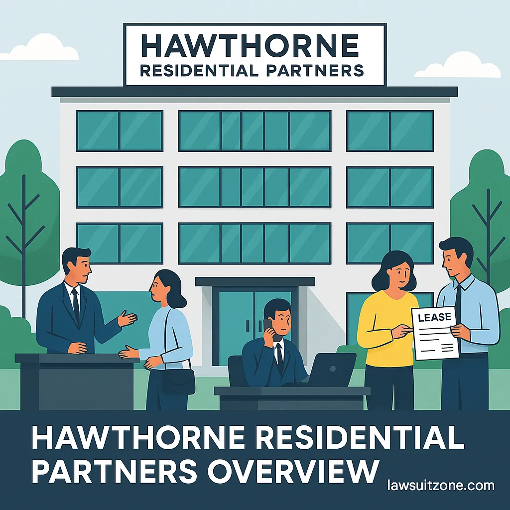 Illustration of Hawthorne Residential Partners’ office building with staff assisting tenants and handling lease documents, branded lawsuitzone.com.