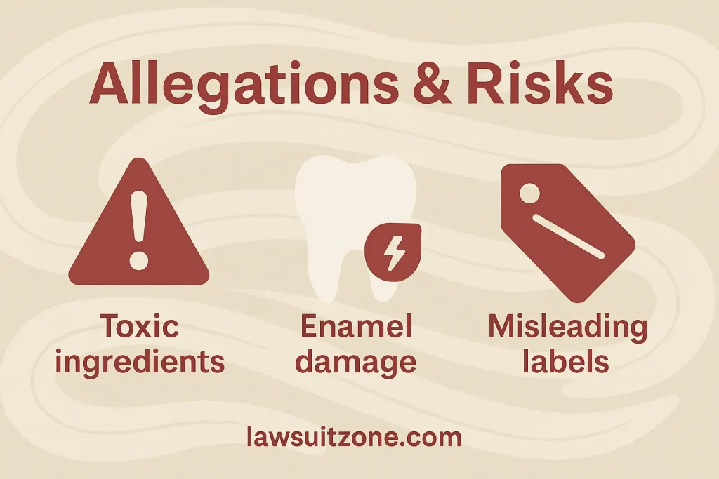 Infographic highlighting allegations and risks in the Hello Toothpaste lawsuit, including toxic ingredients, enamel damage, and misleading labels, branded lawsuitzone.com.