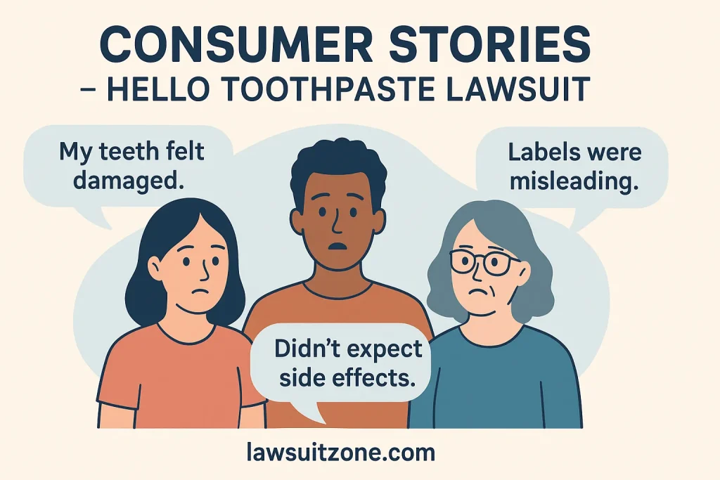 Illustration of diverse consumers sharing experiences about the Hello Toothpaste lawsuit, with speech bubbles highlighting damaged teeth, side effects, and misleading labels, branded lawsuitzone.com.