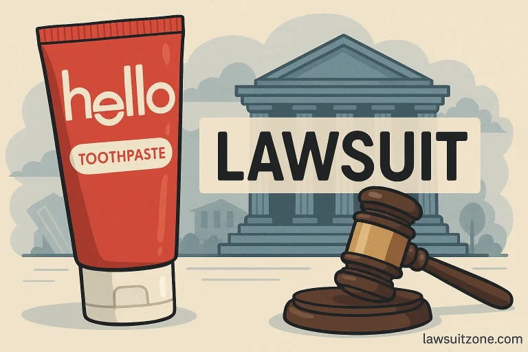 Illustration of Hello toothpaste tube with a courthouse and judge’s gavel symbolizing the Hello toothpaste lawsuit, branded lawsuitzone.com.