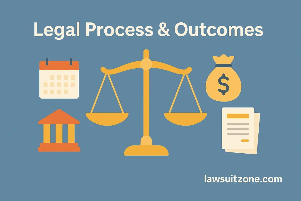 Infographic showing scales of justice with timeline icons (calendar, courthouse) on one side and outcomes (money bag, documents) on the other, symbolizing Hello Toothpaste lawsuit legal process and outcomes, branded lawsuitzone.com.