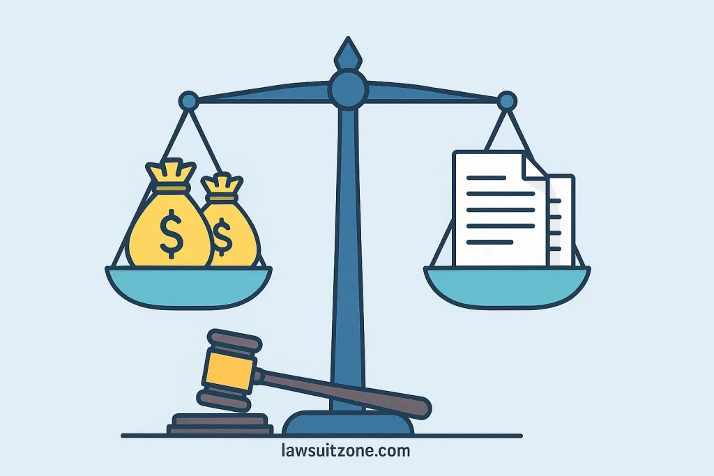 Infographic of justice scales balancing money on one side and documents on the other, representing financial lawsuit disputes. Branded with lawsuitzone.com.