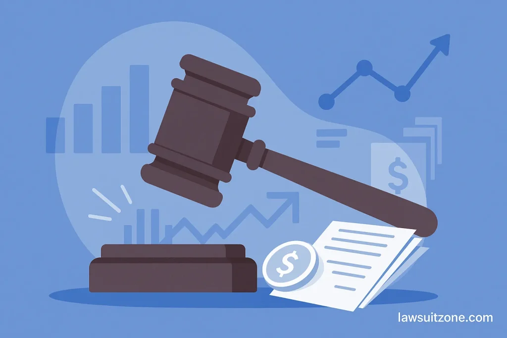 Infographic of justice scales balancing money on one side and documents on the other, representing financial lawsuit disputes. Branded with lawsuitzone.com.