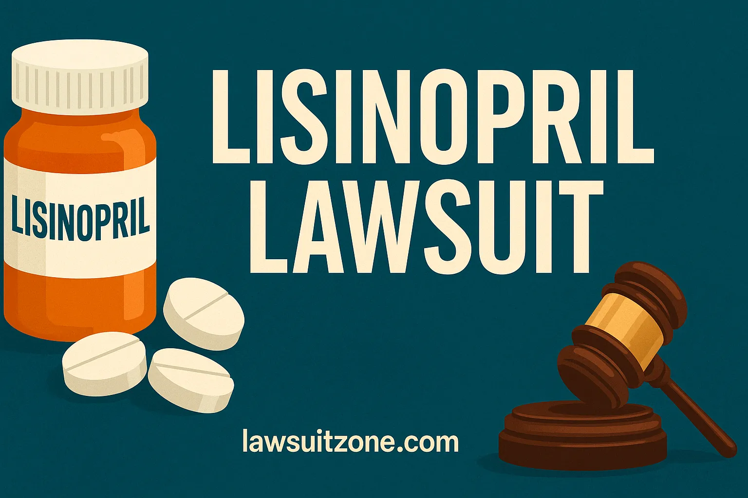 Digital graphic showing an orange lisinopril prescription bottle, white tablets, and a judge’s gavel on a teal background with bold text “Lisinopril Lawsuit” and branding lawsuitzone.com.