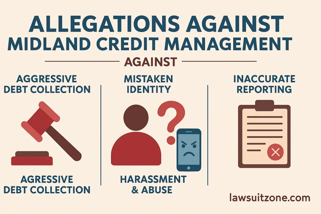 Infographic highlighting allegations against Midland Credit Management including aggressive debt collection, harassment, mistaken identity, and inaccurate reporting, branded lawsuitzone.com.