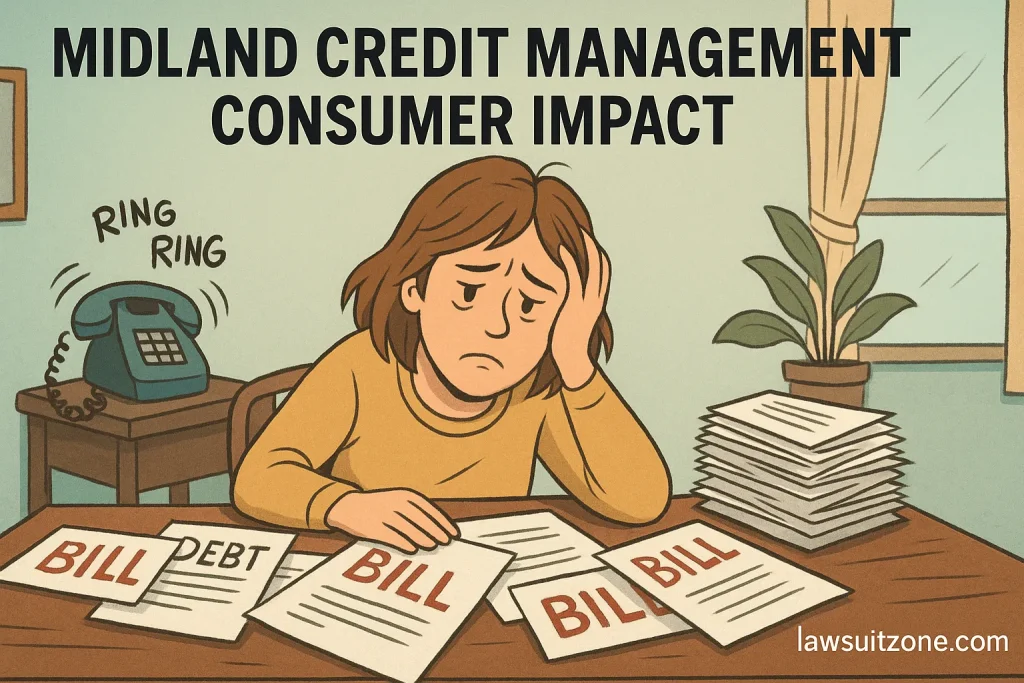 Illustration of a stressed consumer surrounded by unpaid bills and ringing phone, showing emotional toll of debt collection, branded lawsuitzone.com.