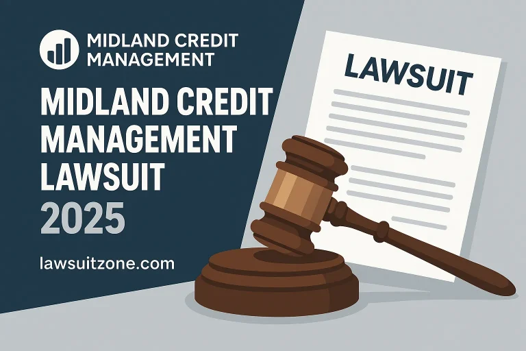 Flat design illustration showing Midland Credit Management logo, a gavel, and lawsuit documents with bold text “Midland Credit Management Lawsuit 2025,” branded lawsuitzone.com.