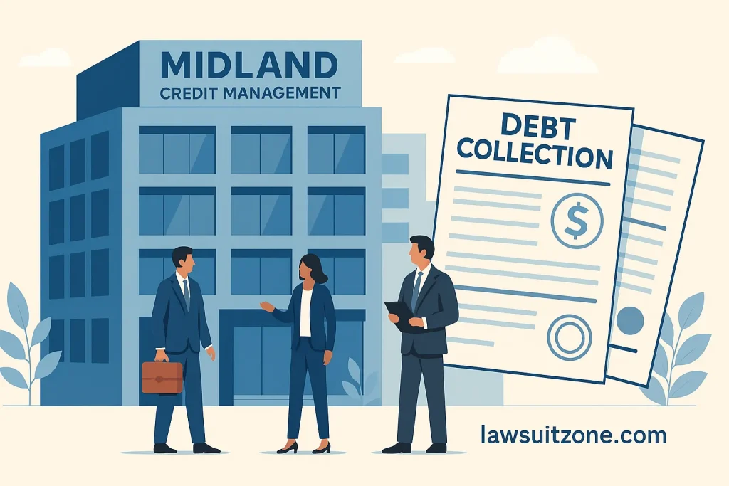 Illustration of Midland Credit Management headquarters with business professionals and debt collection documents, branded lawsuitzone.com.