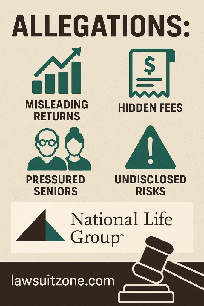 Infographic showing allegations in the National Life Group lawsuit, including misleading returns, hidden fees, pressured seniors, and undisclosed risks, branded with lawsuitzone.com.