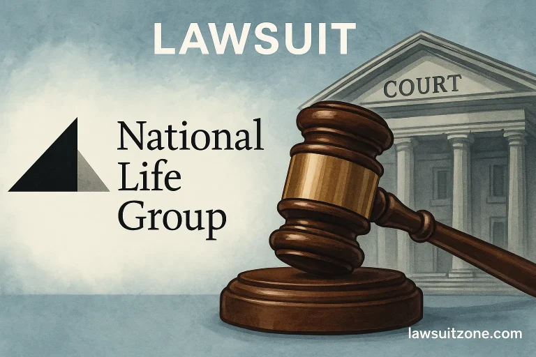 Illustration of National Life Group logo, courthouse, and gavel representing the lawsuit, branded with lawsuitzone.com.