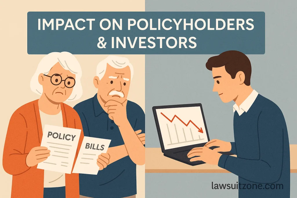 Infographic showing the impact of the National Life Group lawsuit on policyholders and investors, with an elderly couple holding bills and a younger investor watching falling financial graphs, branded lawsuitzone.com.