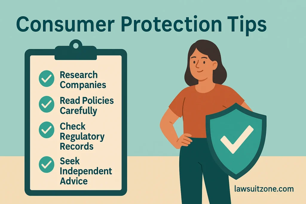 Infographic titled “Consumer Protection Tips” with a checklist (research companies, read policies, check records, seek advice) and a woman holding a shield, branded lawsuitzone.com.