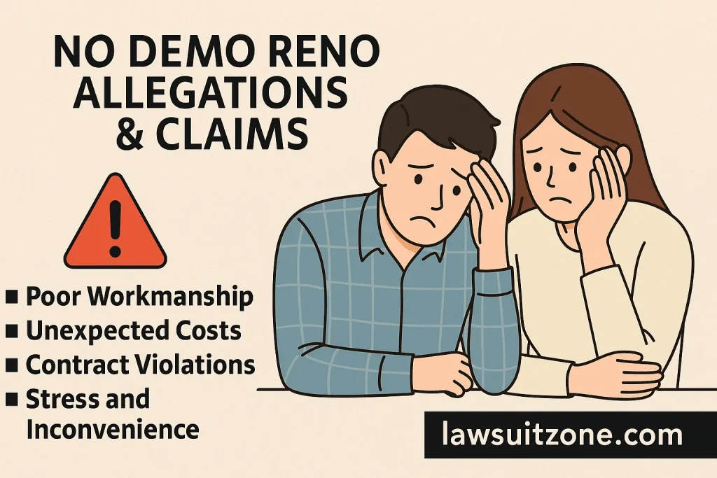 Infographic titled “No Demo Reno Allegations & Claims” showing a distressed couple with warning icon and list of issues like poor workmanship, unexpected costs, contract violations, and stress, branded lawsuitzone.com.