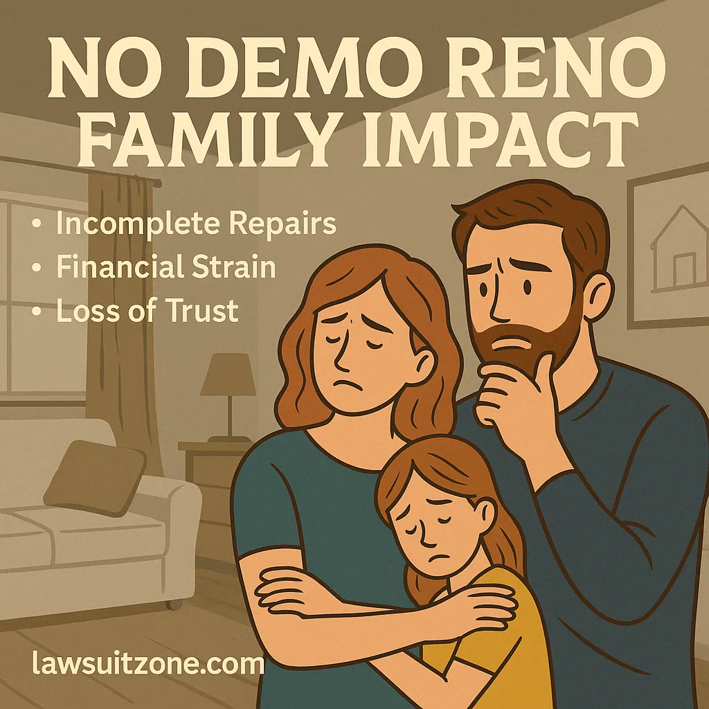 Illustration titled “No Demo Reno Family Impact” showing a distressed family in their renovated home, with text highlighting incomplete repairs, financial strain, and loss of trust, branded lawsuitzone.com.